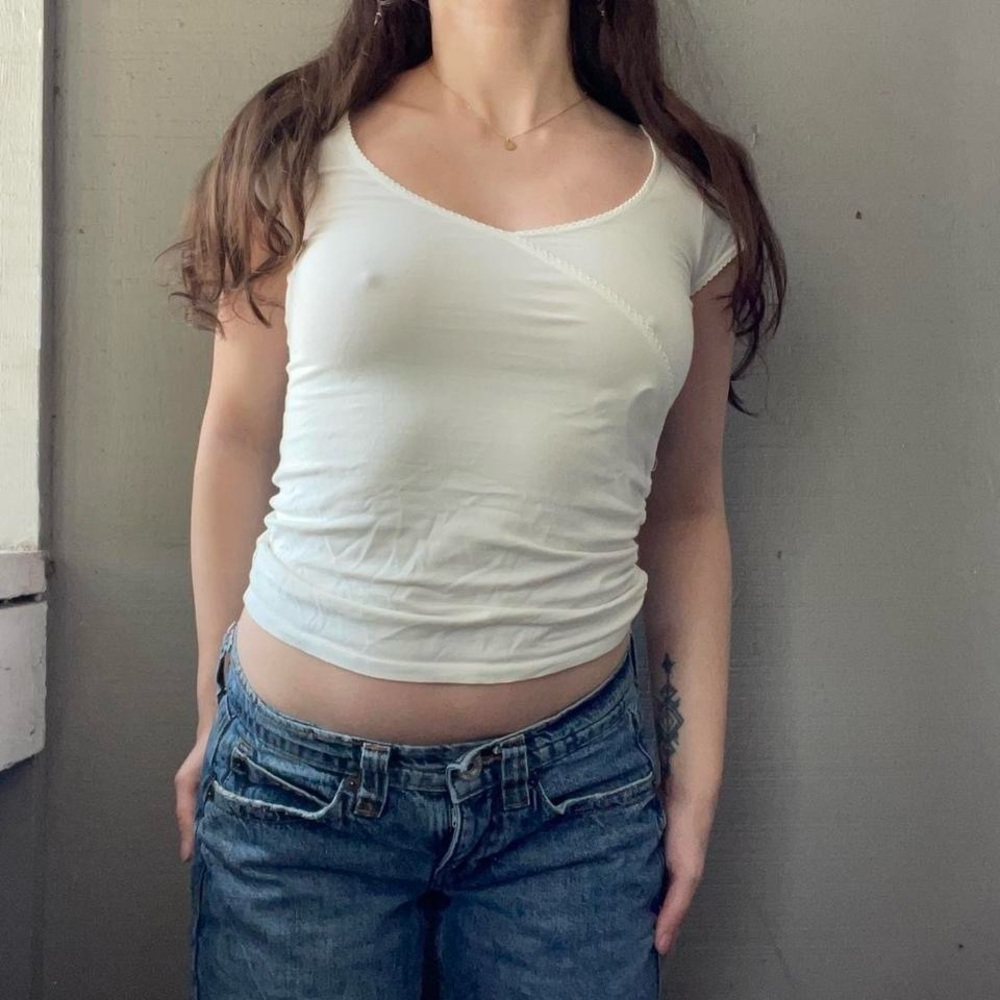 Brandy Melville John Galt White Baby Tee with Ruched Side Detail